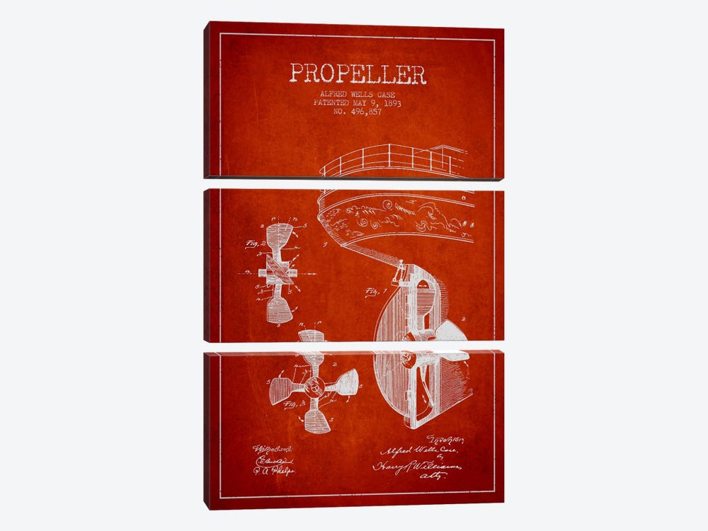 Propeller Red Patent Blueprint by Aged Pixel 3-piece Canvas Art
