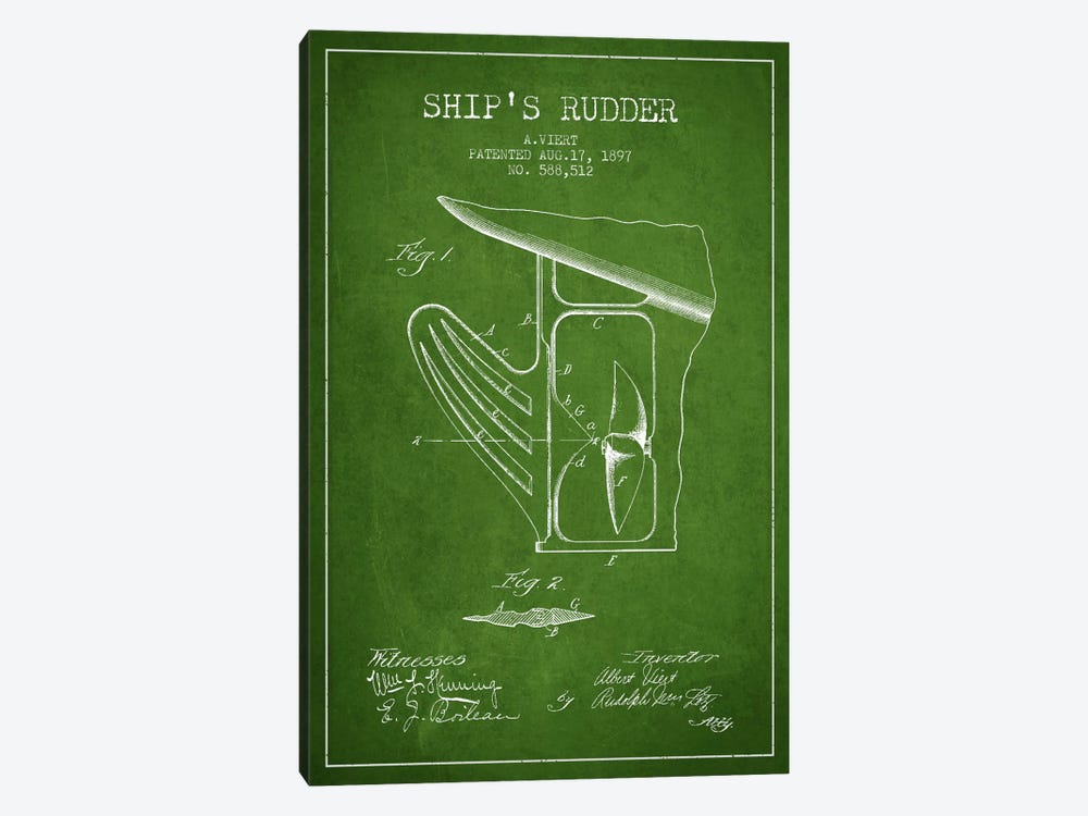 Rudder Green Patent Blueprint by Aged Pixel 1-piece Canvas Art Print
