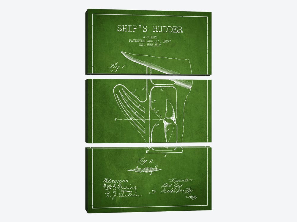 Rudder Green Patent Blueprint by Aged Pixel 3-piece Canvas Art Print