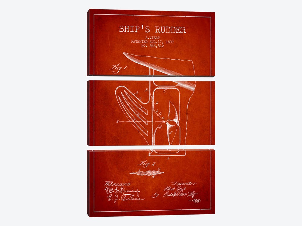 Rudder Red Patent Blueprint by Aged Pixel 3-piece Canvas Print