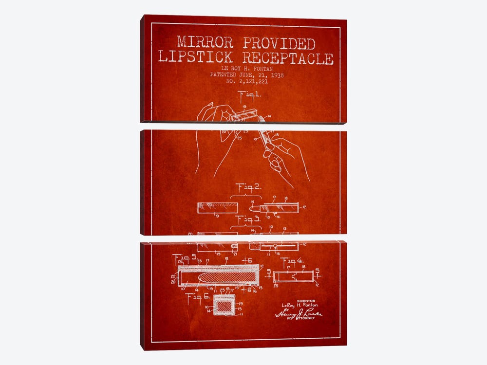 Mirror Provided Lipstick Red Patent Blueprint by Aged Pixel 3-piece Canvas Art Print