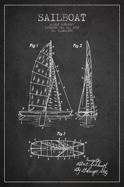 Kids Nautical Art: Sailboat Charcoal Patent Blueprint by Aged Pixel