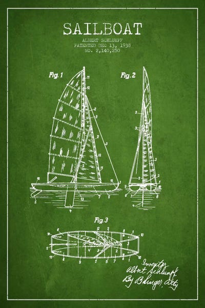 Sailboat Green Patent Blueprint by Aged Pixel canvas print