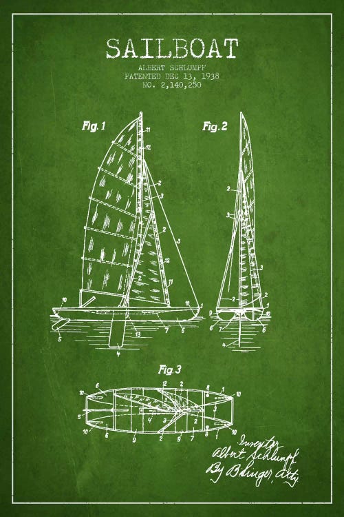 Sailboat Green Patent Blueprint by Aged Pixel wall art