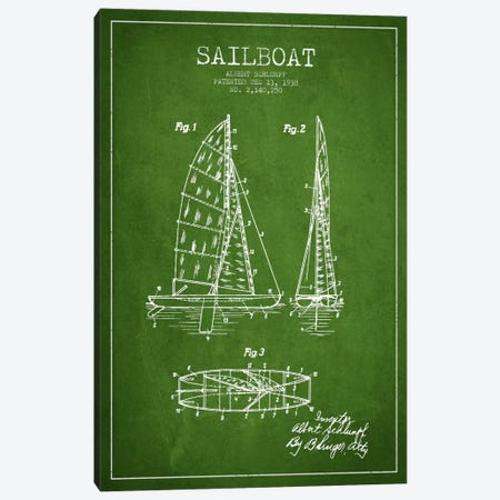 Sailboat Green Patent Blueprint Canvas Print #ADP2621} by Aged Pixel Canvas Wall Art