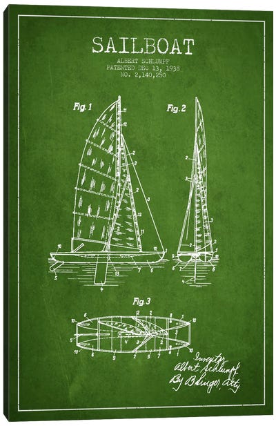 Sailboat Green Patent Blueprint Canvas Art Print - Bathroom Blueprints