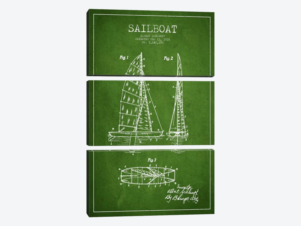 Sailboat Green Patent Blueprint by Aged Pixel 3-piece Art Print