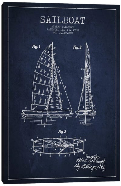 Sailboat Navy Blue Patent Blueprint Canvas Art Print - Kids Transportation Art