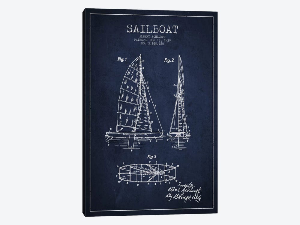 Sailboat Navy Blue Patent Blueprint by Aged Pixel 1-piece Canvas Wall Art