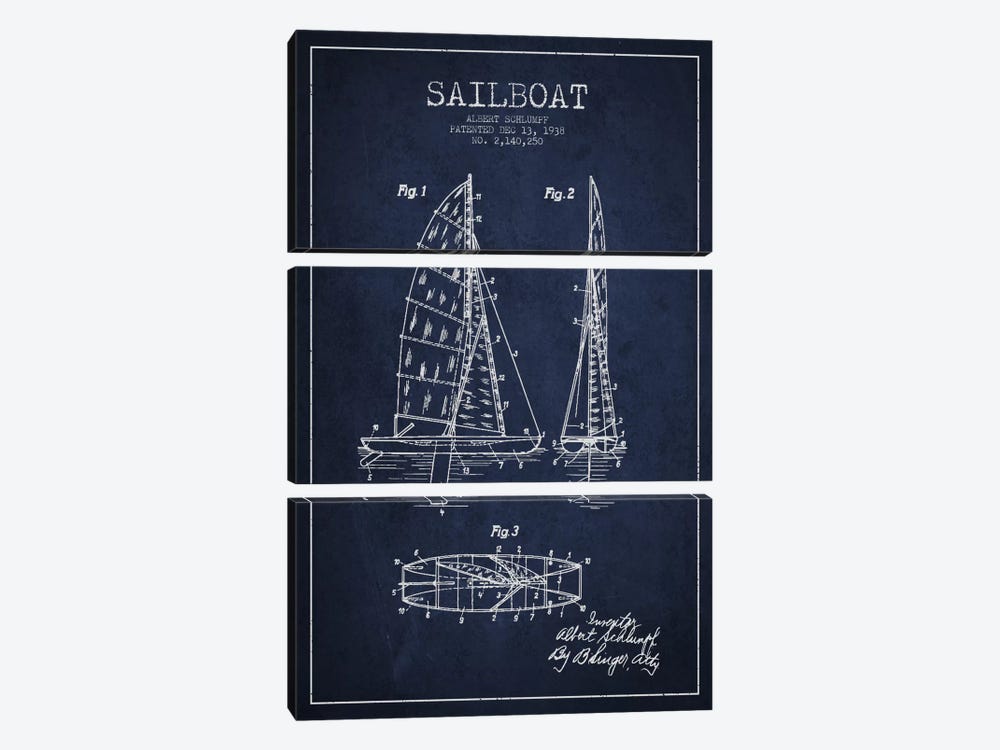 Sailboat Navy Blue Patent Blueprint by Aged Pixel 3-piece Canvas Artwork
