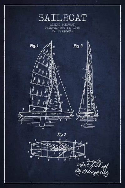 Kids Nautical Art: Sailboat I Navy Blue Patent Blueprint by Aged Pixel