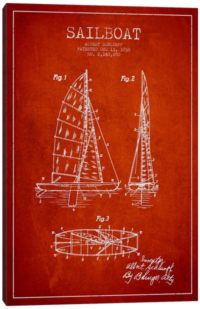 Sailboat Red Patent Blueprint Canvas Art Print - Sailboat Art