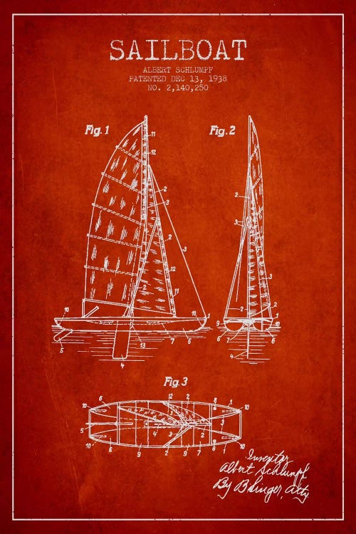 Sailboat Red Patent Blueprint by Aged Pixel wall art