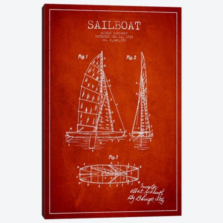 Sailboat Red Patent Blueprint Canvas Print #ADP2623} by Aged Pixel Canvas Wall Art
