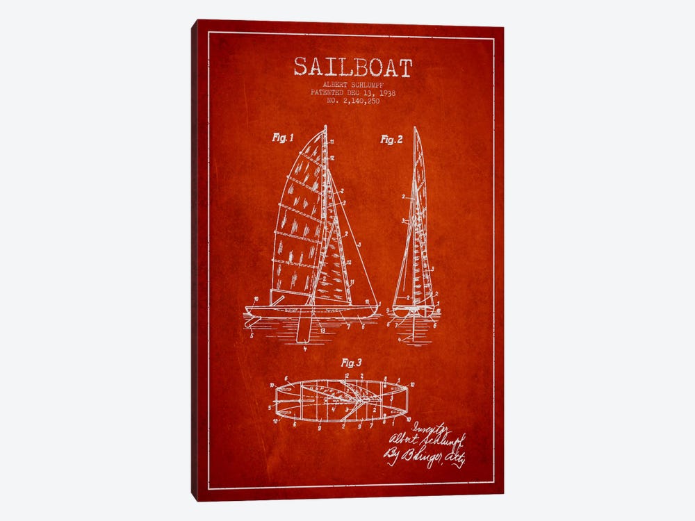 Sailboat Red Patent Blueprint by Aged Pixel 1-piece Canvas Art Print