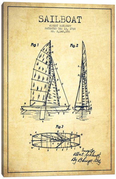 Sailboat Vintage Patent Blueprint Canvas Art Print - Sailboat Art