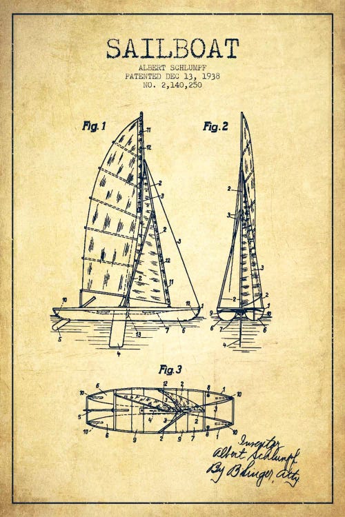 Sailboat Vintage Patent Blueprint by Aged Pixel wall art
