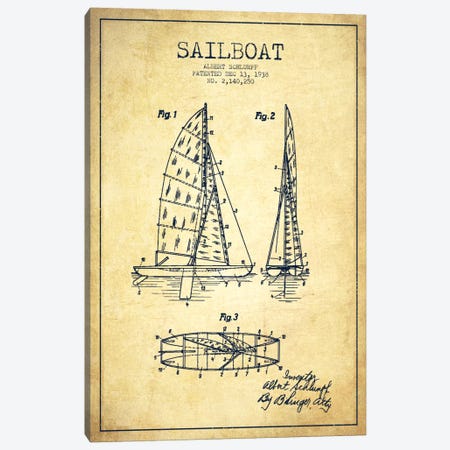 Sailboat Vintage Patent Blueprint Canvas Print #ADP2624} by Aged Pixel Art Print