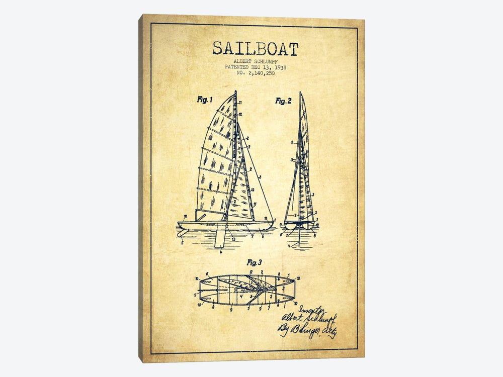 Sailboat Vintage Patent Blueprint by Aged Pixel 1-piece Canvas Art