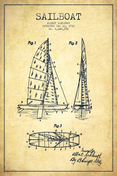 Nautical Blueprints: Sailboat I Vintage Patent Blueprint by Aged Pixel