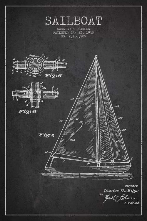 Sailboat Charcoal Patent Blueprint