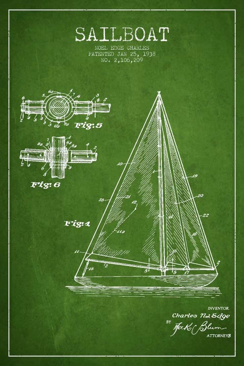 Sailboat Green Patent Blueprint by Aged Pixel wall art
