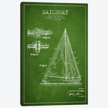 Sailboat Green Patent Blueprint Canvas Print #ADP2626} by Aged Pixel Canvas Print