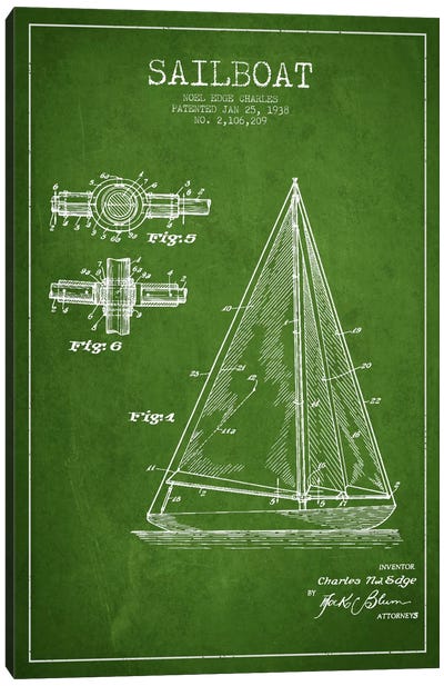 Sailboat Green Patent Blueprint Canvas Art Print - Sailboats