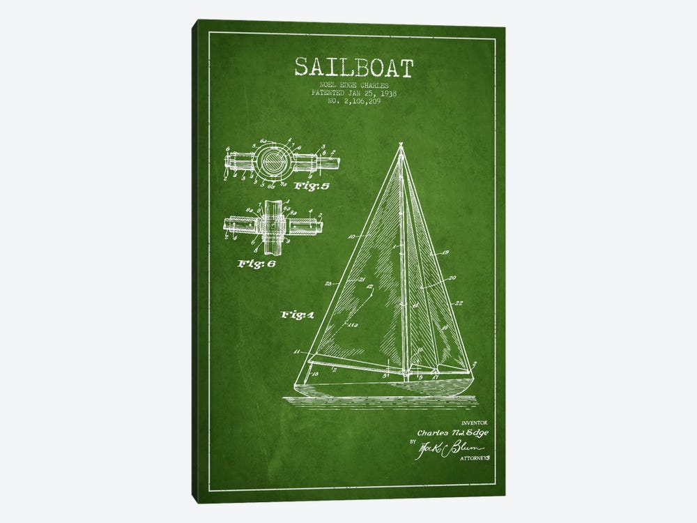 Sailboat Green Patent Blueprint by Aged Pixel 1-piece Canvas Art
