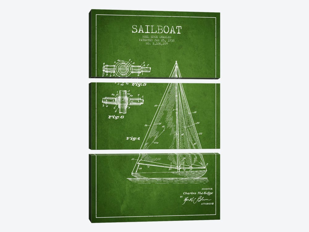 Sailboat Green Patent Blueprint by Aged Pixel 3-piece Canvas Art