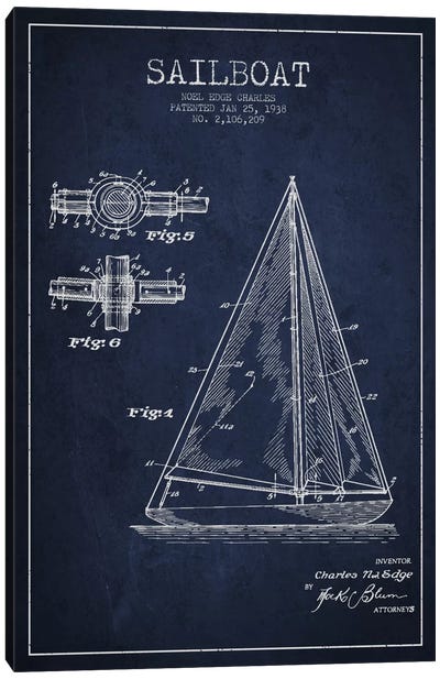 Sailboat Navy Blue Patent Blueprint Canvas Art Print - Kids Transportation Art