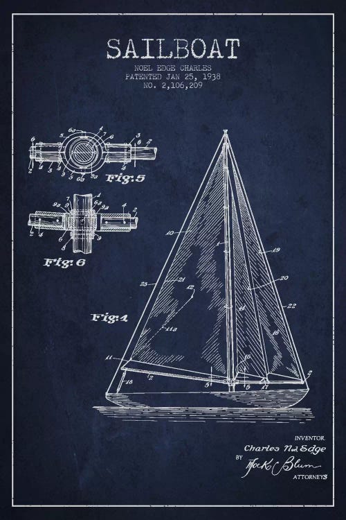 Sailboat Navy Blue Patent Blueprint