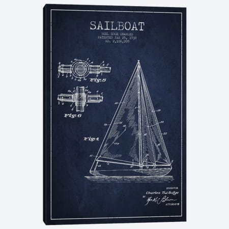Sailboat Navy Blue Patent Blueprint Canvas Print #ADP2627} by Aged Pixel Canvas Art Print