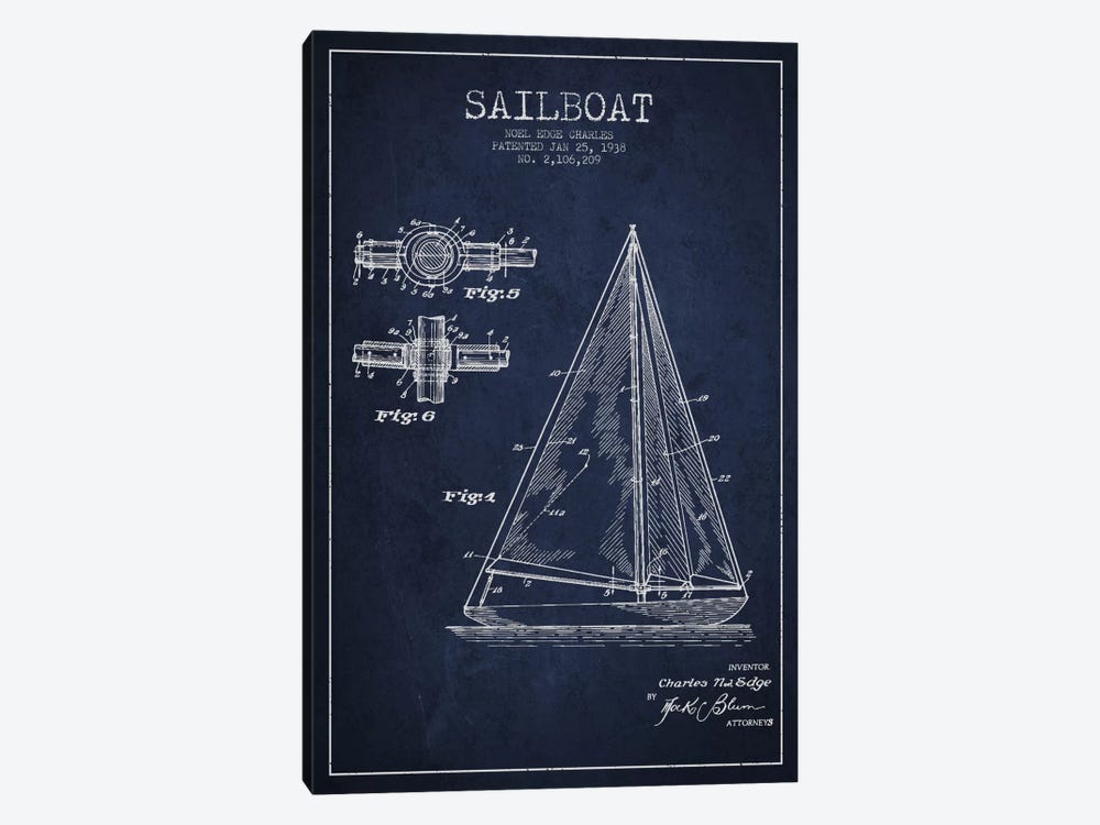 Sailboat Navy Blue Patent Blueprint by Aged Pixel 1-piece Art Print