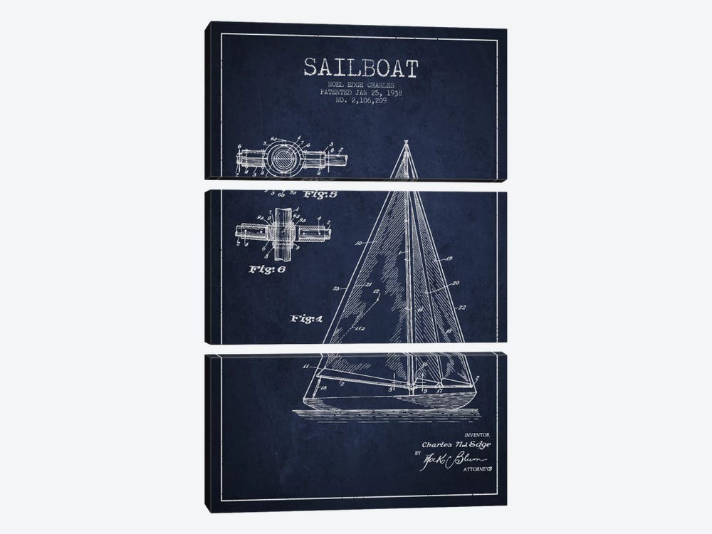 Sailboat Navy Blue Patent Blueprint by Aged Pixel 3-piece Art Print