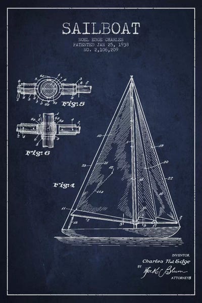 Nautical Blueprints: Sailboat II Navy Blue Patent Blueprint by Aged Pixel