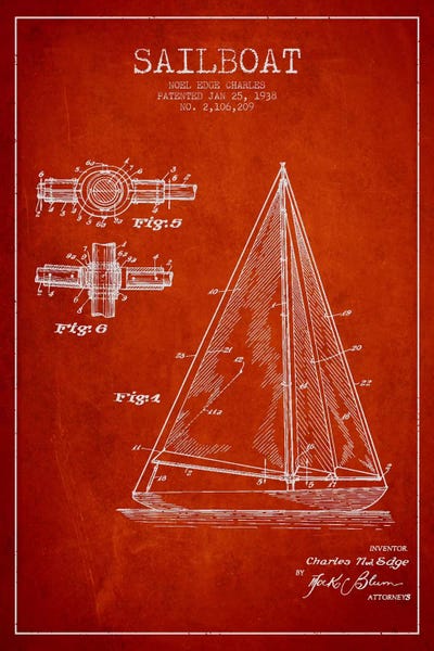 Sailboat Red Patent Blueprint by Aged Pixel canvas print