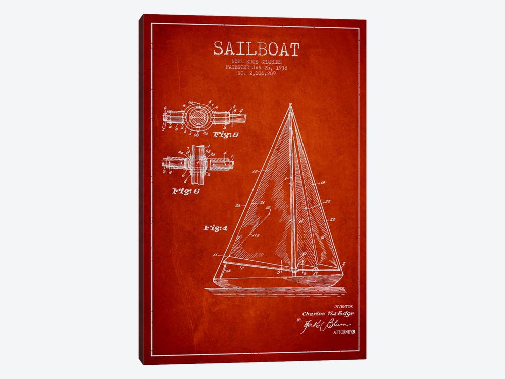 Sailboat Red Patent Blueprint by Aged Pixel 1-piece Canvas Wall Art