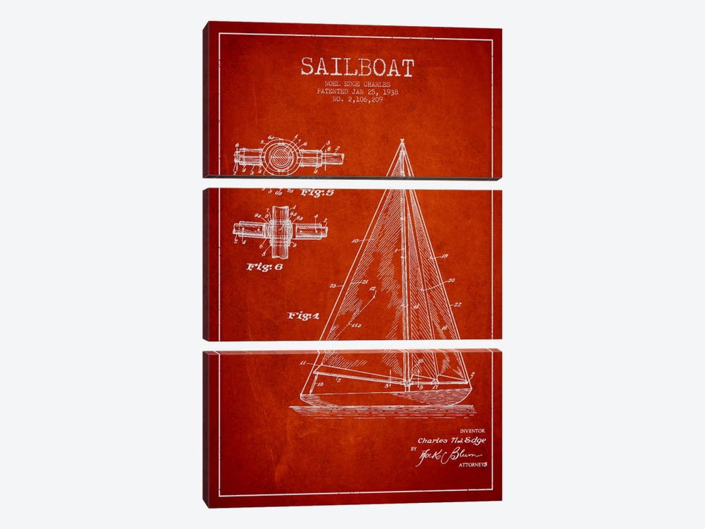 Sailboat Red Patent Blueprint by Aged Pixel 3-piece Canvas Wall Art