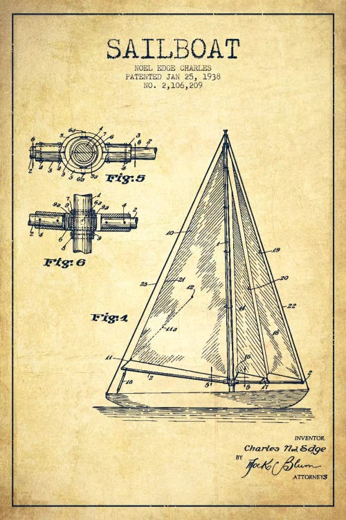 Sailboat Vintage Patent Blueprint by Aged Pixel wall art