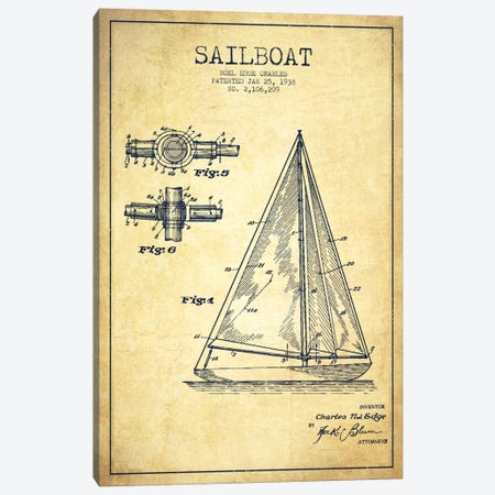 Sailboat Vintage Patent Blueprint Canvas Print #ADP2629} by Aged Pixel Canvas Wall Art