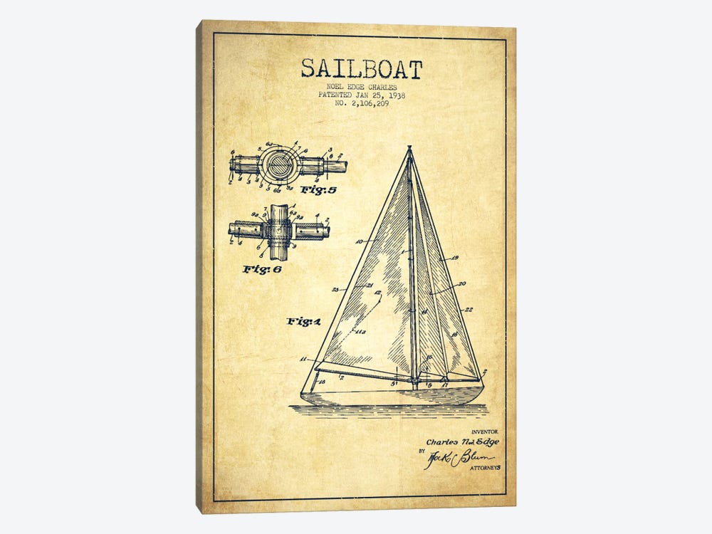 Sailboat Vintage Patent Blueprint by Aged Pixel 1-piece Canvas Print