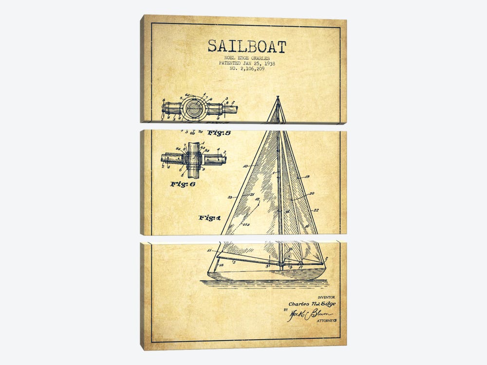 Sailboat Vintage Patent Blueprint by Aged Pixel 3-piece Art Print