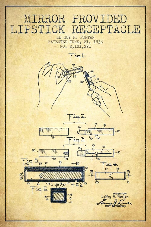 Mirror Provided Lipstick Vintage Patent Blueprint