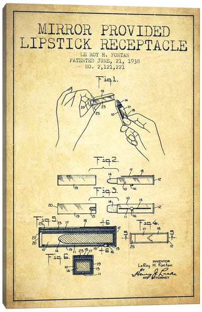 Mirror Provided Lipstick Vintage Patent Blueprint Canvas Art Print - Beauty & Personal Care Blueprints