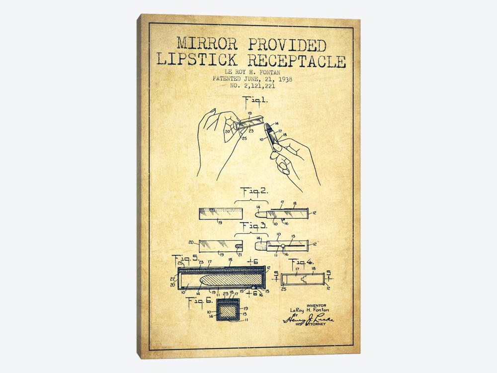 Mirror Provided Lipstick Vintage Patent Blueprint by Aged Pixel 1-piece Canvas Wall Art