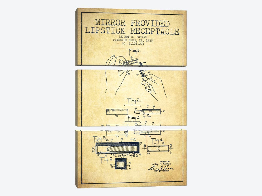 Mirror Provided Lipstick Vintage Patent Blueprint 3-piece Canvas Wall Art