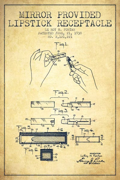 Mirror Provided Lipstick Vintage Patent Blueprint