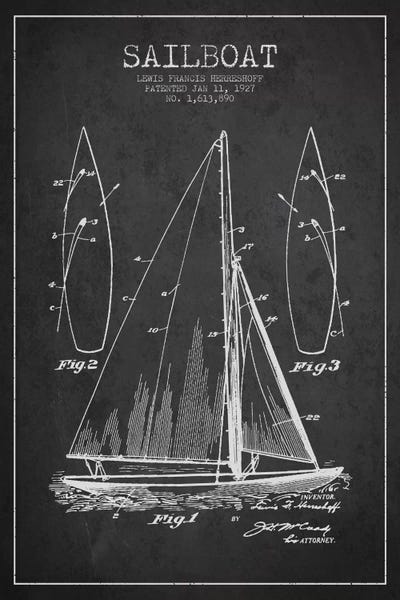 Nautical Blueprints: Sailboat Charcoal Patent Blueprint by Aged Pixel