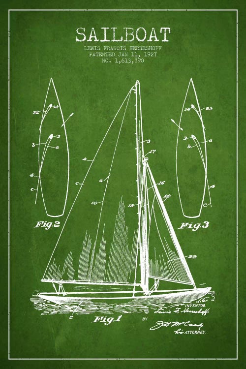 Sailboat Green Patent Blueprint by Aged Pixel wall art